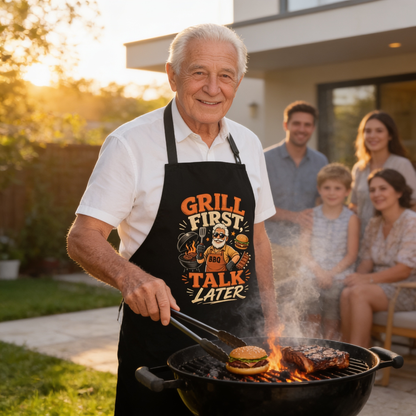 Grill First Talk Later Apron – Funny BBQ Grilling Apron Gift for Grandpa