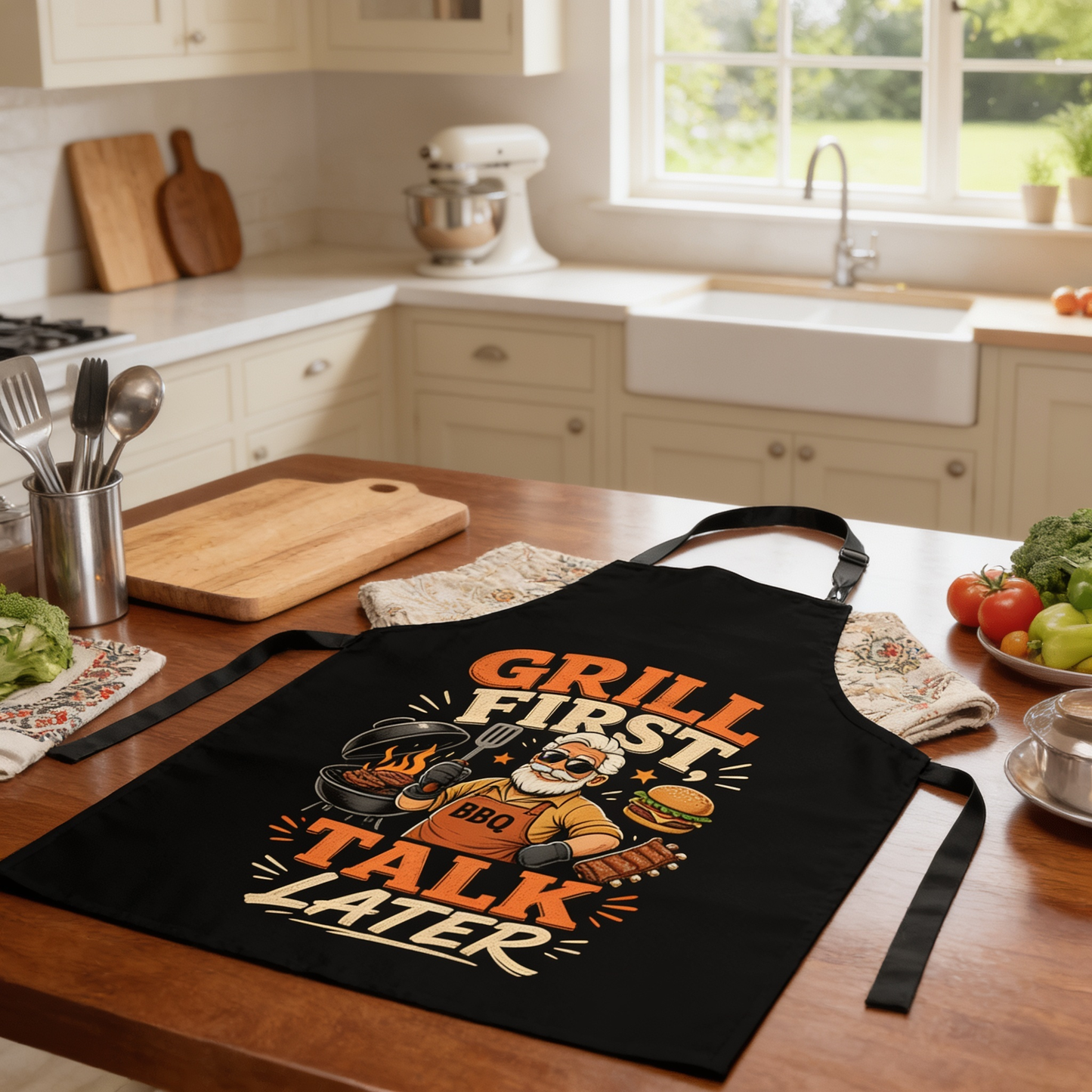 Grill First Talk Later Apron – Funny BBQ Grilling Apron Gift for Grandpa