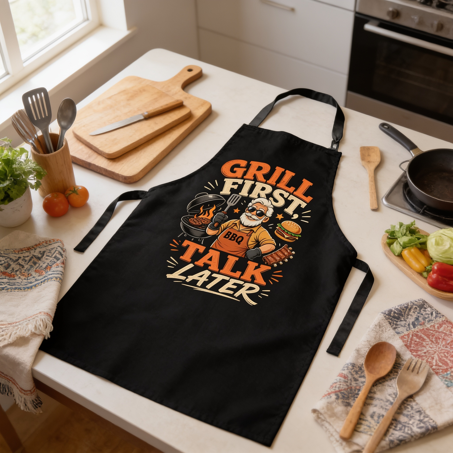 Grill First Talk Later Apron – Funny BBQ Grilling Apron Gift for Grandpa