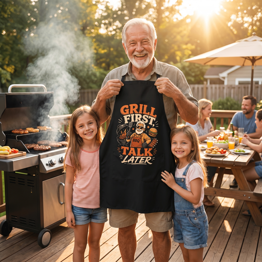 Grill First Talk Later Apron - Funny BBQ Grilling Apron Gift for Grandpa