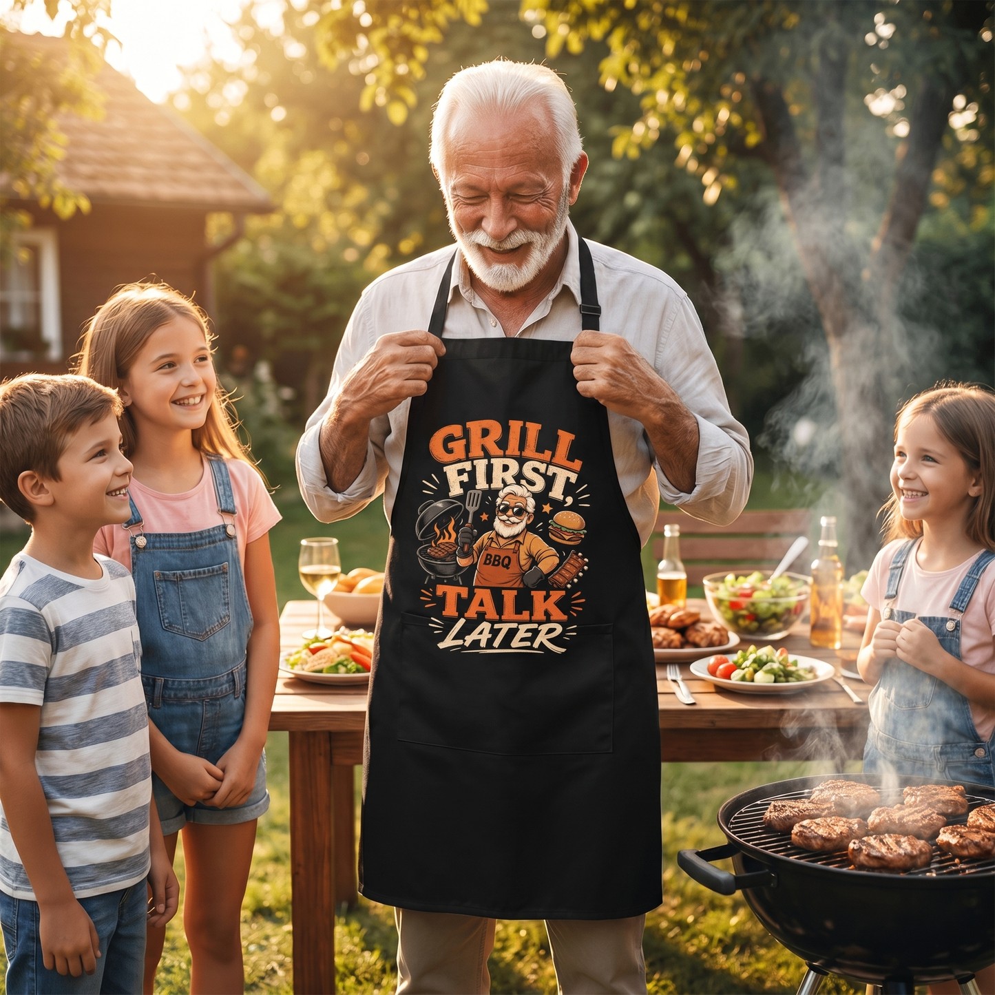 Grill First Talk Later Apron – Funny BBQ Grilling Apron Gift for Grandpa