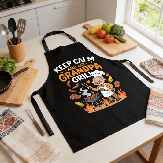 Keep Calm and Let Grandpa Grill Apron - Funny BBQ Grilling Apron Gift for Grandpa