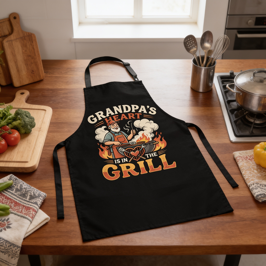 Grandpa's Heart Is in the Grill Apron - Funny BBQ Grilling Apron Gift for Grandpa