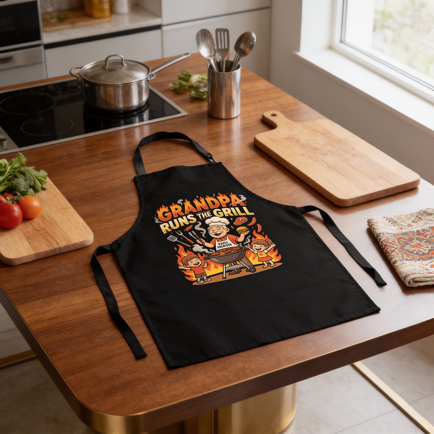 Grandpa Runs the Grill Apron – Funny BBQ Grilling Apron Gift for Grandpa