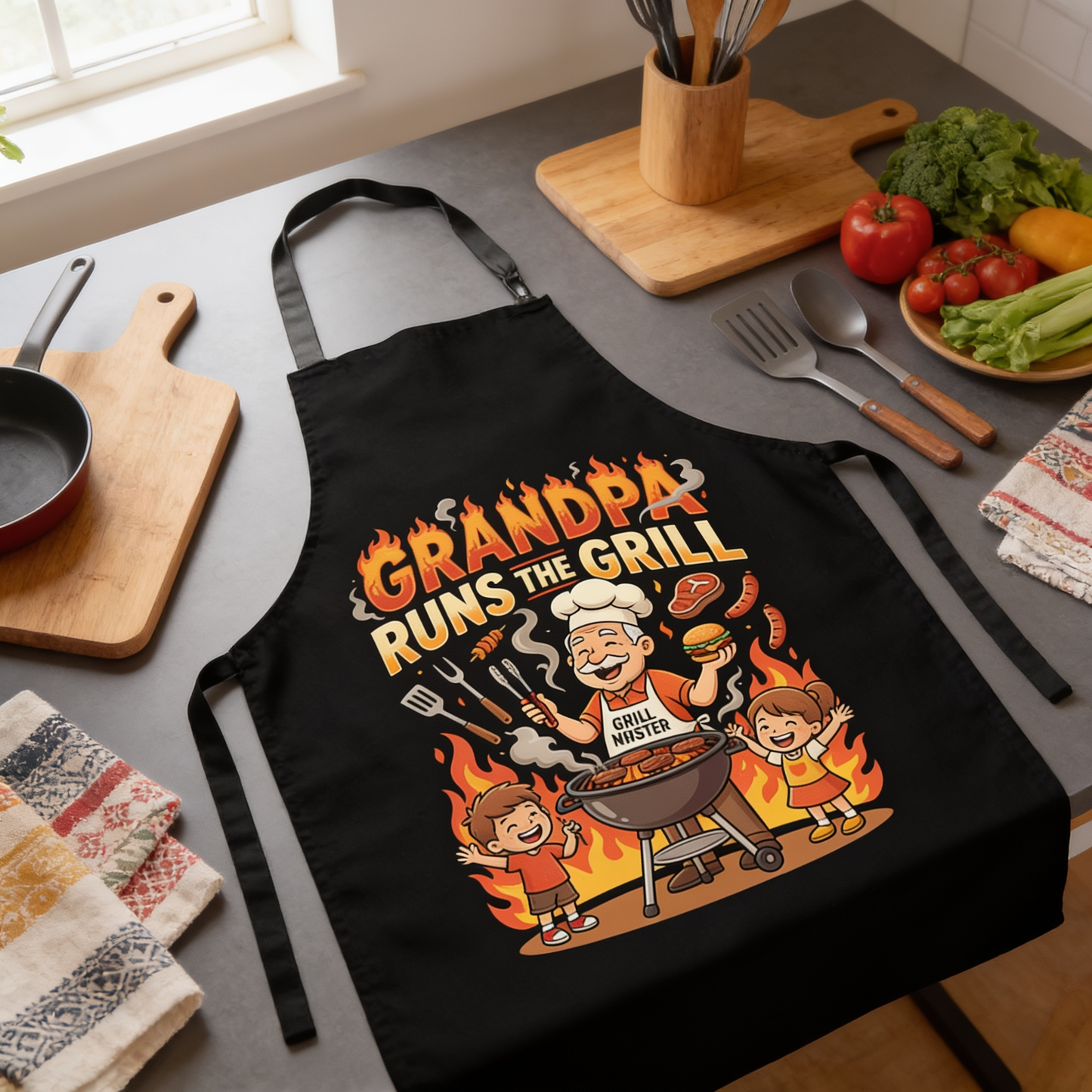 Grandpa Runs the Grill Apron – Funny BBQ Grilling Apron Gift for Grandpa