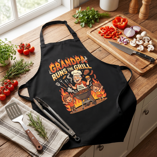 Grandpa Runs the Grill Apron - Funny BBQ Grilling Apron Gift for Grandpa
