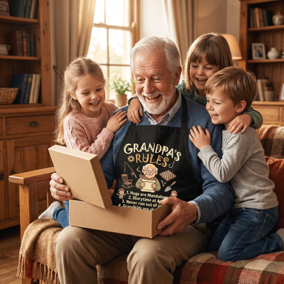 Grandpa Rules Apron – Funny BBQ Grilling Apron Gift for Grandpa