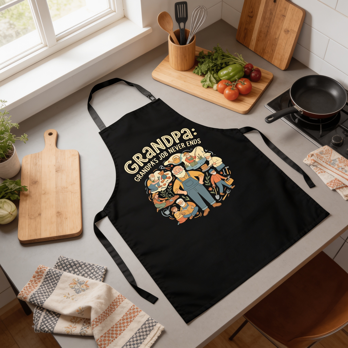 Grandpa's Job Never Ends Apron – Funny BBQ Grilling Apron Gift for Grandpa
