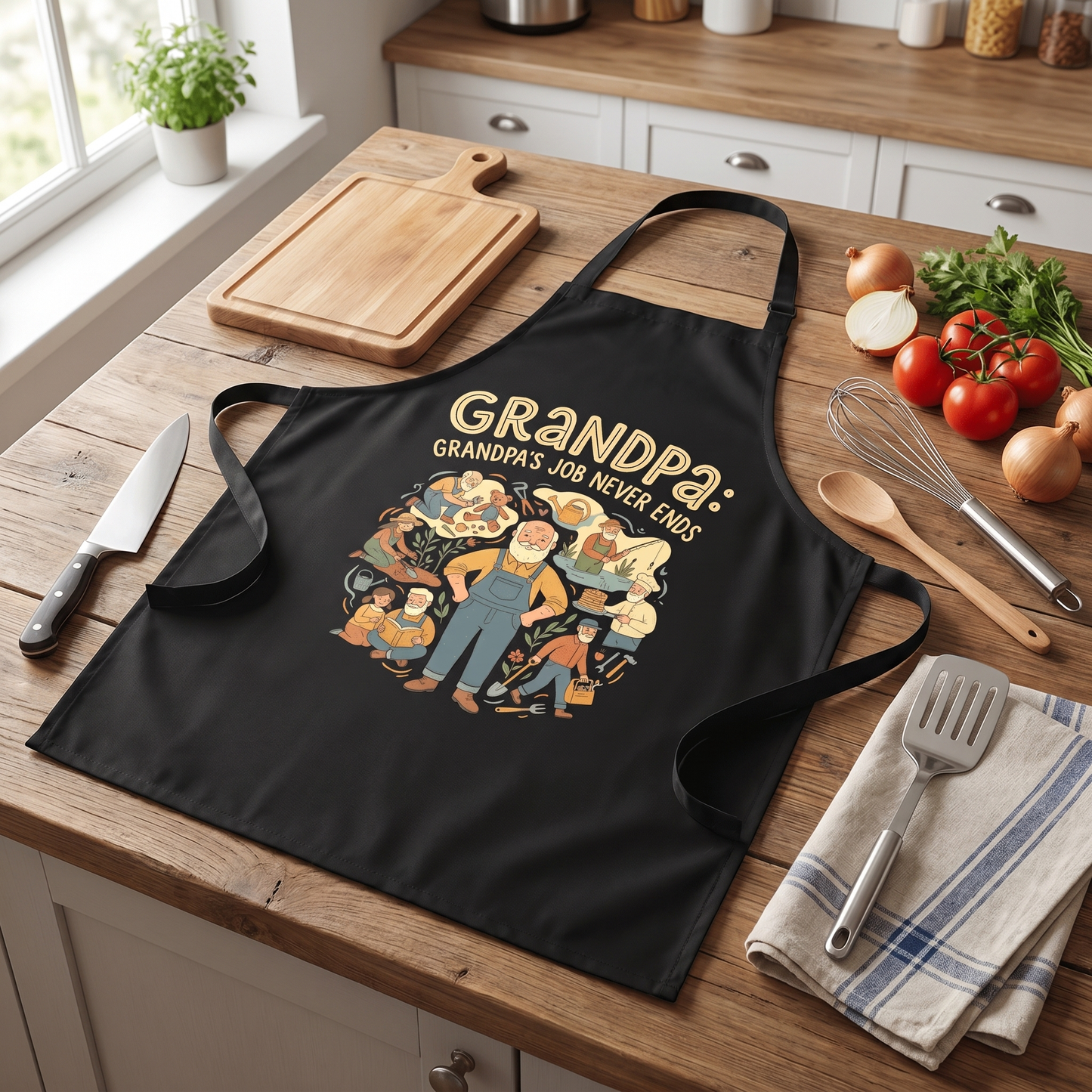 Grandpa's Job Never Ends Apron – Funny BBQ Grilling Apron Gift for Grandpa