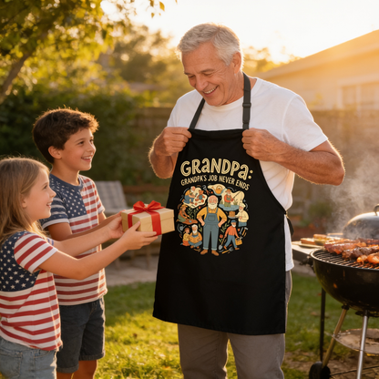 Grandpa's Job Never Ends Apron – Funny BBQ Grilling Apron Gift for Grandpa