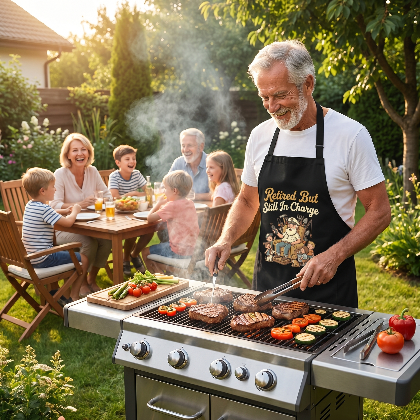 Retired But Still in Charge Apron – Funny BBQ Grilling Apron Gift for Grandpa
