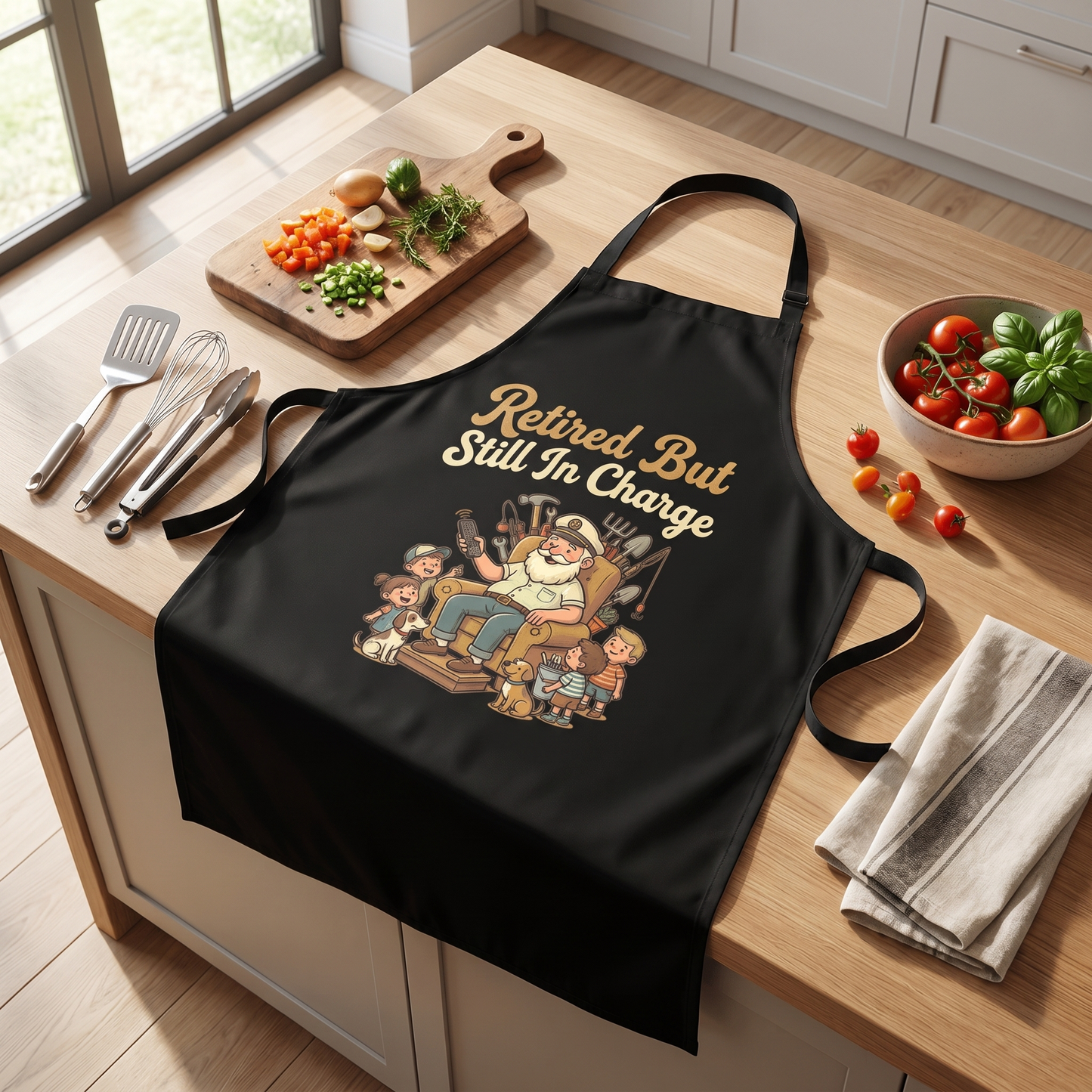 Retired But Still in Charge Apron – Funny BBQ Grilling Apron Gift for Grandpa