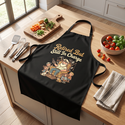 Retired But Still in Charge Apron – Funny BBQ Grilling Apron Gift for Grandpa