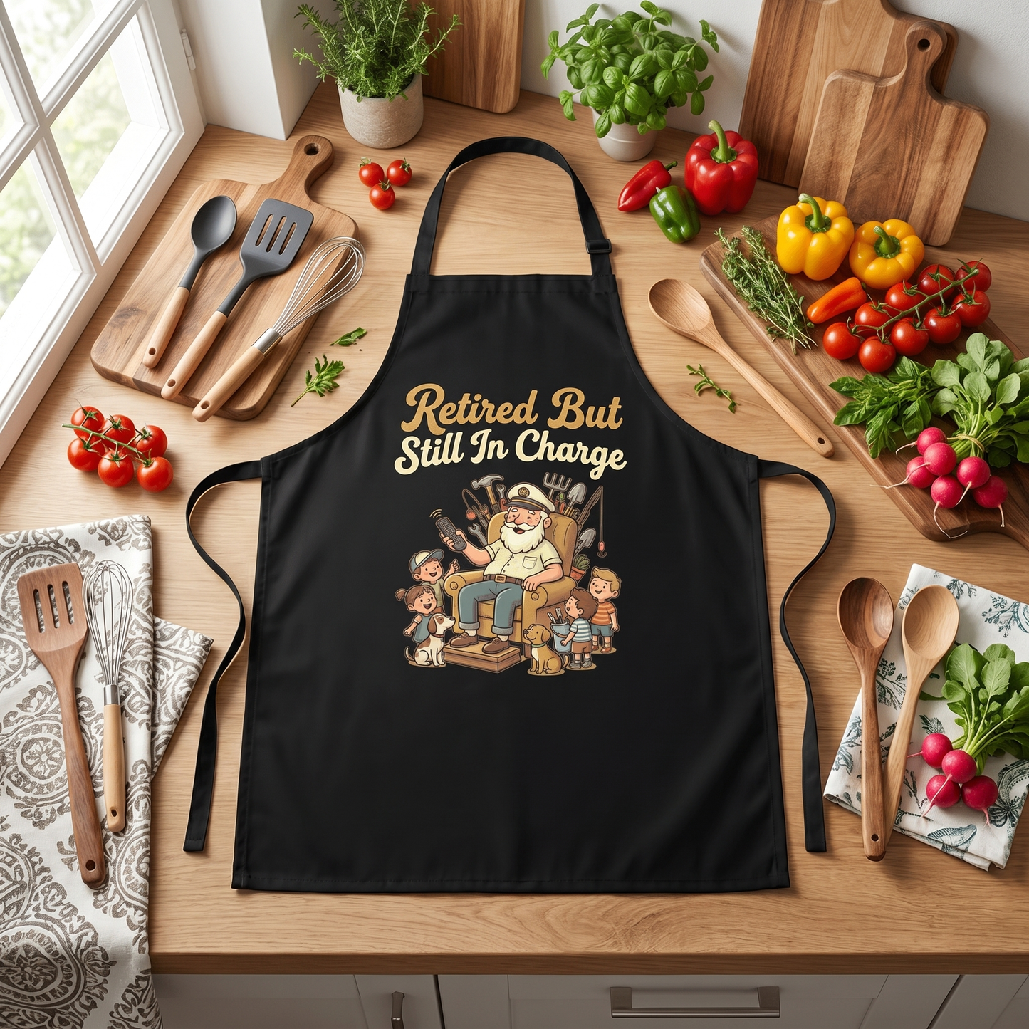 Retired But Still in Charge Apron – Funny BBQ Grilling Apron Gift for Grandpa