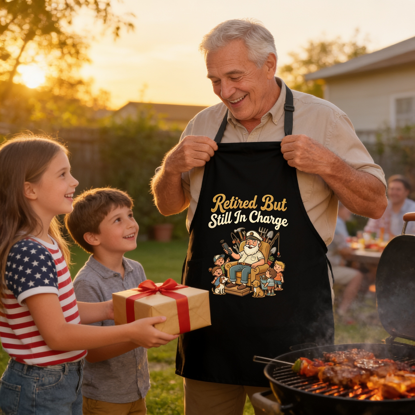 Retired But Still in Charge Apron – Funny BBQ Grilling Apron Gift for Grandpa