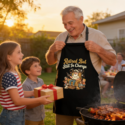 Retired But Still in Charge Apron – Funny BBQ Grilling Apron Gift for Grandpa