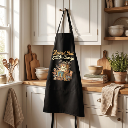 Retired But Still in Charge Apron – Funny BBQ Grilling Apron Gift for Grandpa