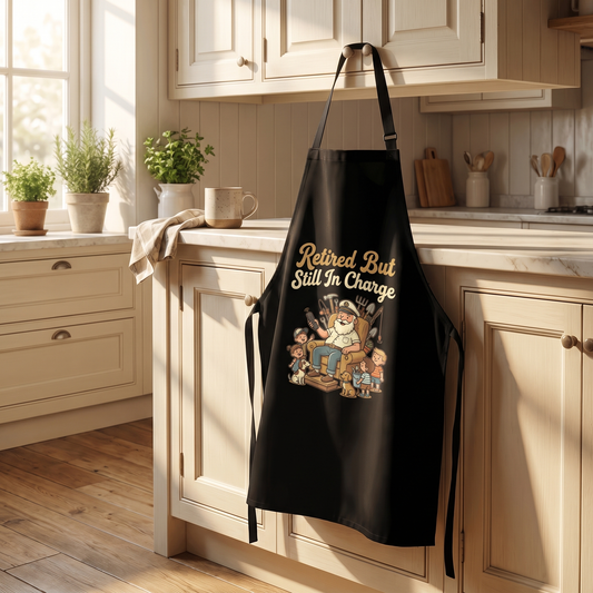 Retired But Still in Charge Apron - Funny BBQ Grilling Apron Gift for Grandpa