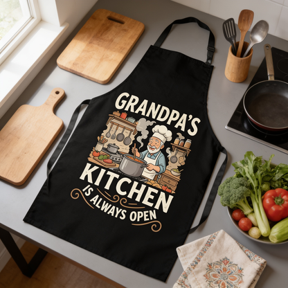 Grandpa's Kitchen Is Always Open Apron – Funny Cooking & BBQ Apron Gift for Grandpa