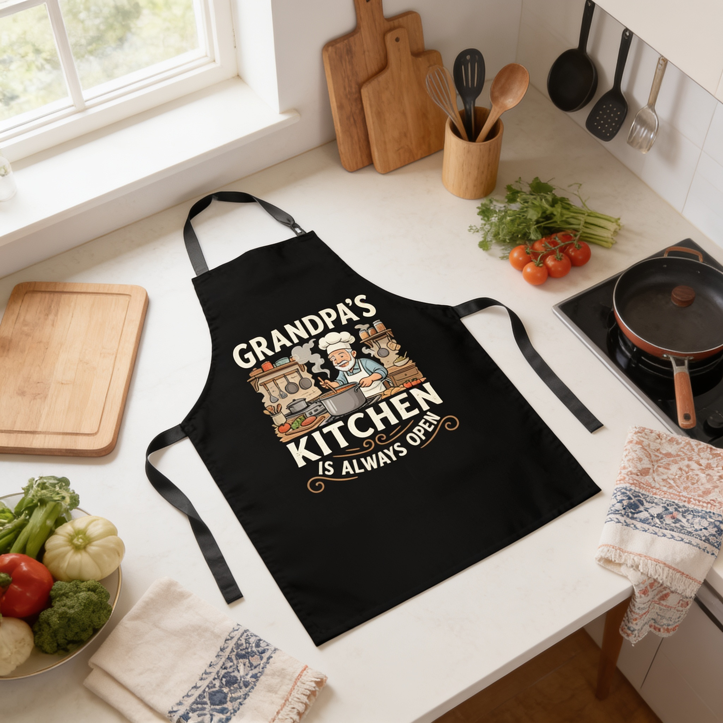 Grandpa's Kitchen Is Always Open Apron – Funny Cooking & BBQ Apron Gift for Grandpa