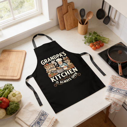 Grandpa's Kitchen Is Always Open Apron – Funny Cooking & BBQ Apron Gift for Grandpa