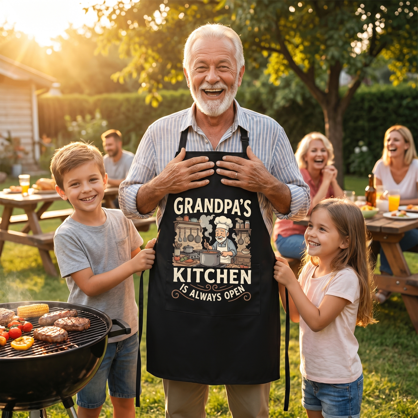 Grandpa's Kitchen Is Always Open Apron – Funny Cooking & BBQ Apron Gift for Grandpa