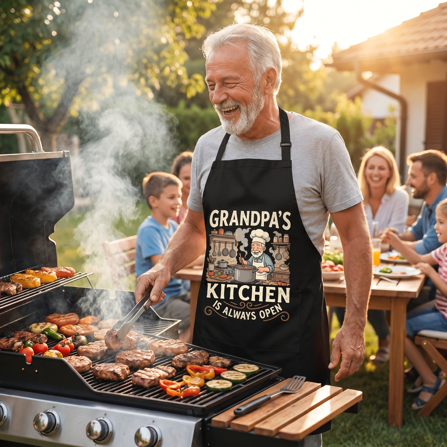 Grandpa's Kitchen Is Always Open Apron – Funny Cooking & BBQ Apron Gift for Grandpa