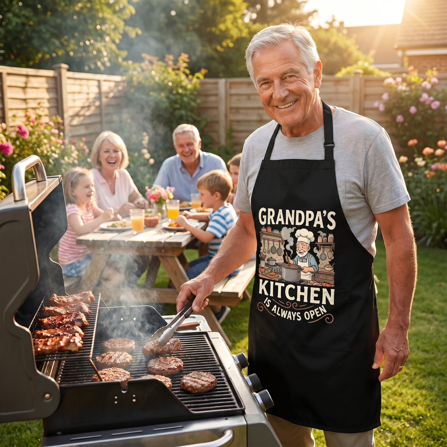 Grandpa's Kitchen Is Always Open Apron – Funny Cooking & BBQ Apron Gift for Grandpa