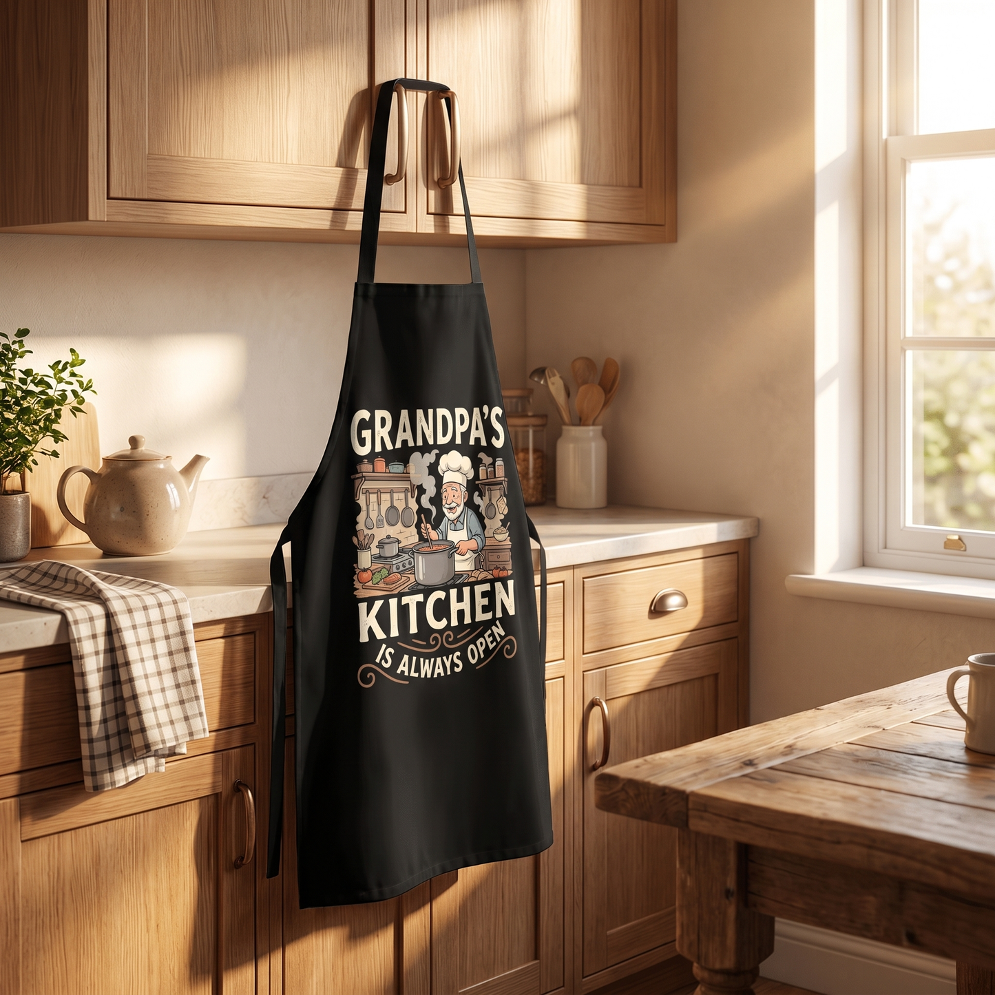 Grandpa's Kitchen Is Always Open Apron – Funny Cooking & BBQ Apron Gift for Grandpa
