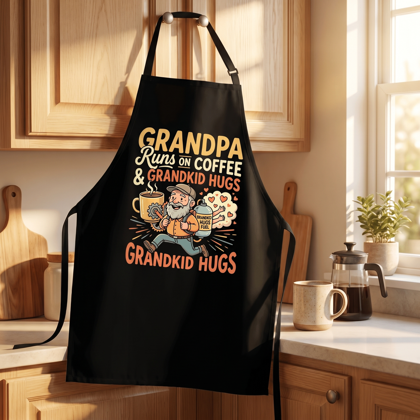 Grandpa Runs on Coffee and Grandkid Hugs Apron – Funny Grandpa BBQ & Cooking Apron Gift