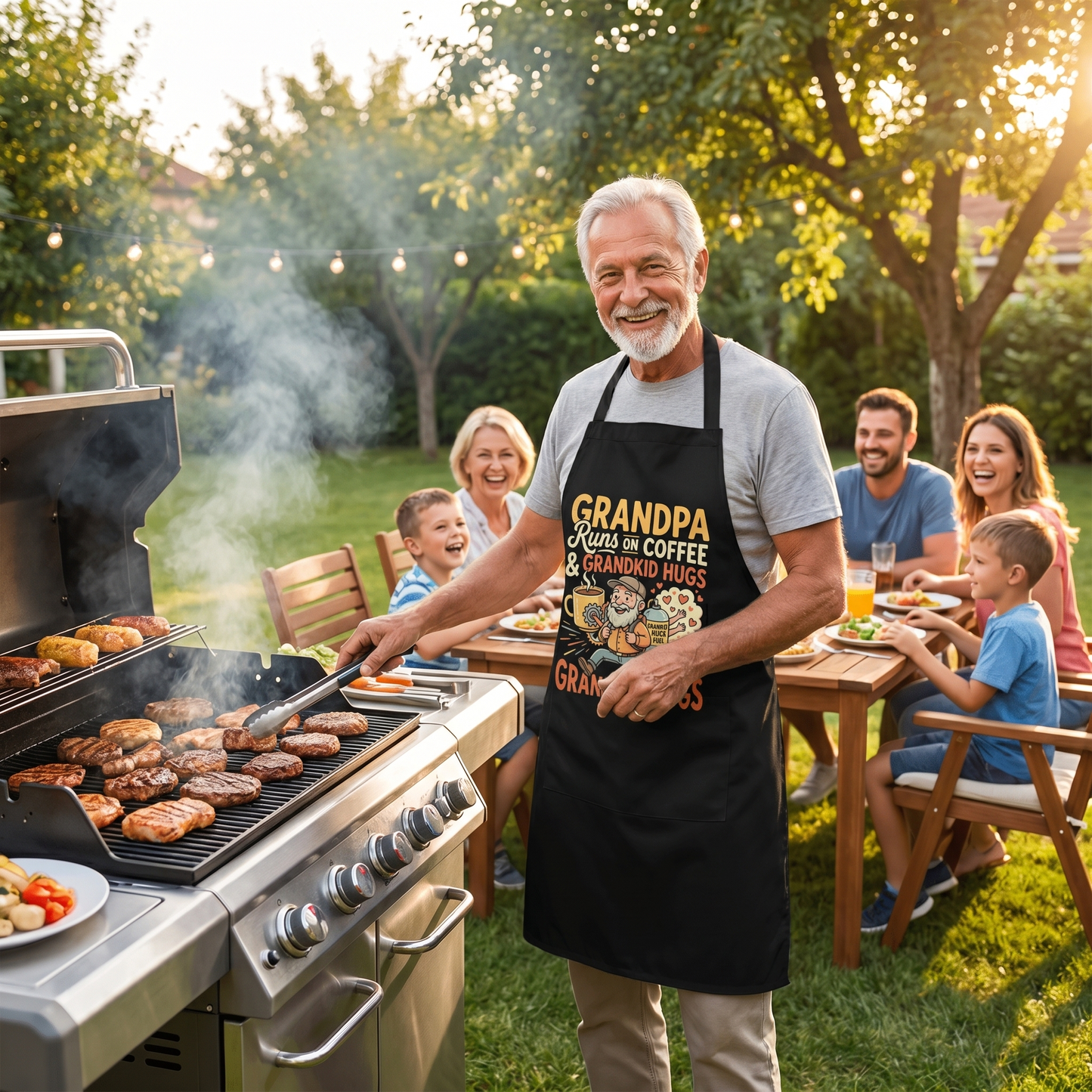 Grandpa Runs on Coffee and Grandkid Hugs Apron – Funny Grandpa BBQ & Cooking Apron Gift