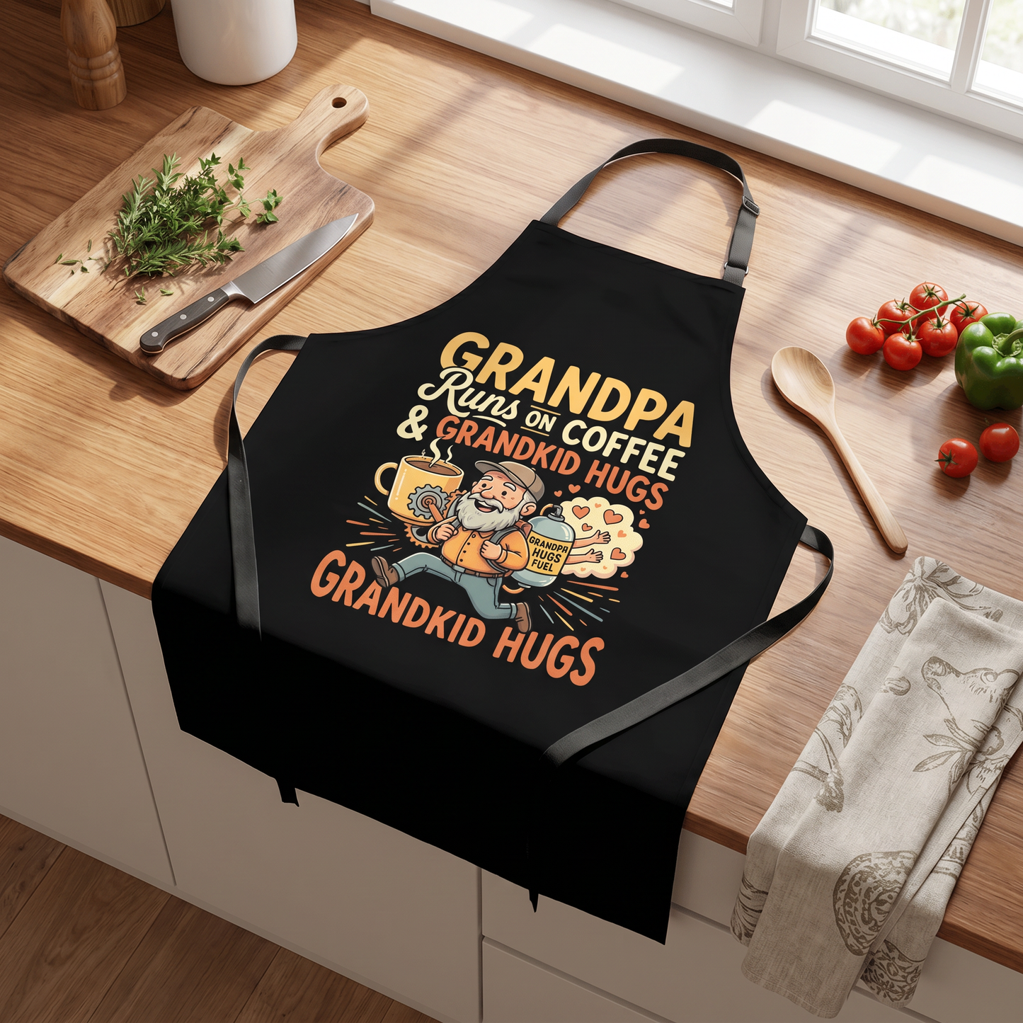 Grandpa Runs on Coffee and Grandkid Hugs Apron – Funny Grandpa BBQ & Cooking Apron Gift