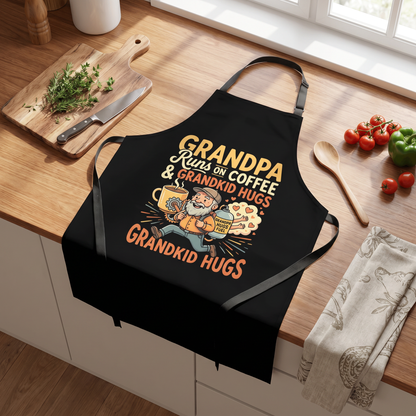 Grandpa Runs on Coffee and Grandkid Hugs Apron – Funny Grandpa BBQ & Cooking Apron Gift