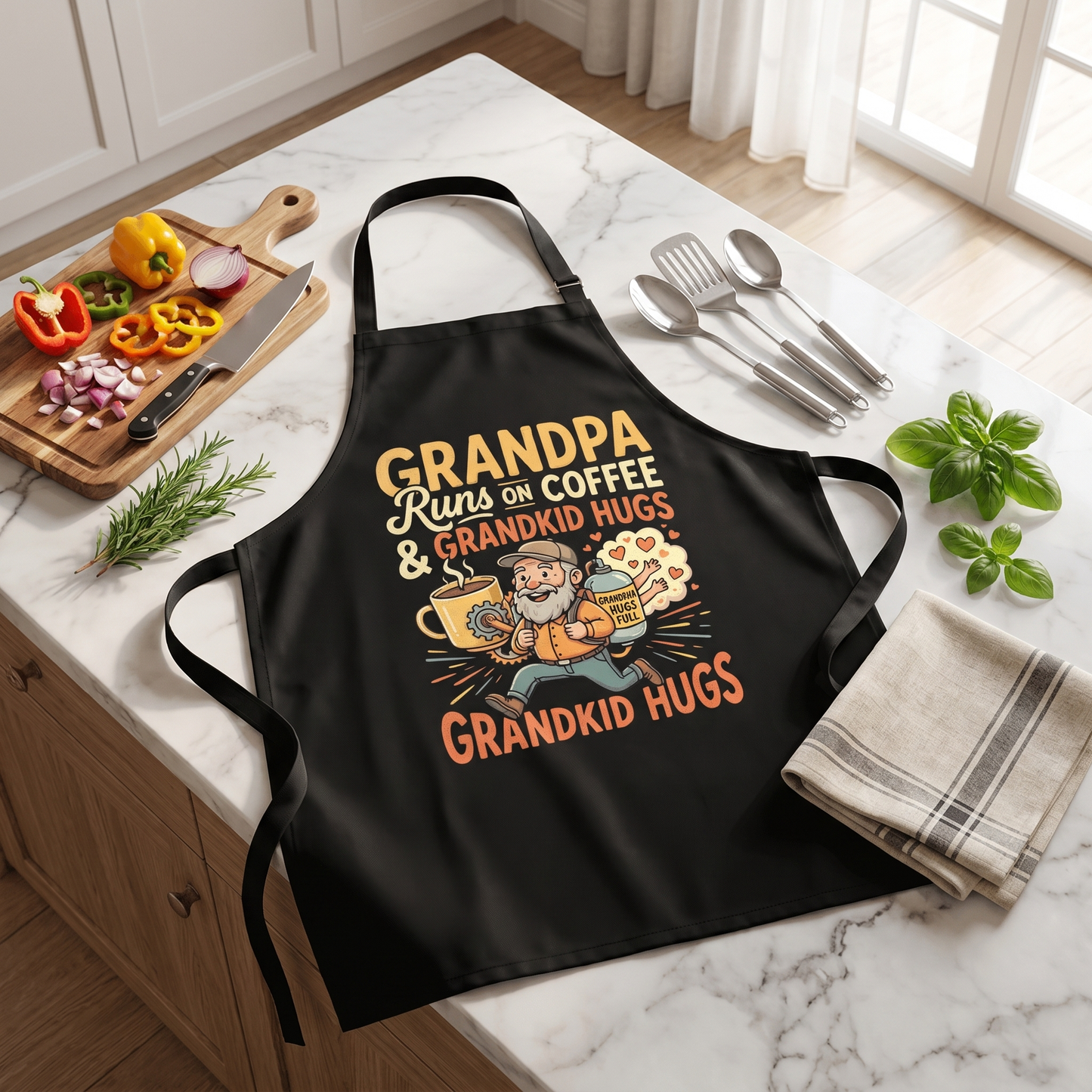Grandpa Runs on Coffee and Grandkid Hugs Apron – Funny Grandpa BBQ & Cooking Apron Gift