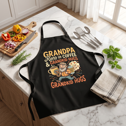 Grandpa Runs on Coffee and Grandkid Hugs Apron – Funny Grandpa BBQ & Cooking Apron Gift