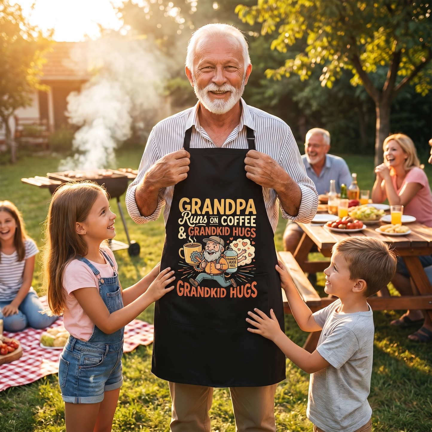 Grandpa Runs on Coffee and Grandkid Hugs Apron – Funny Grandpa BBQ & Cooking Apron Gift