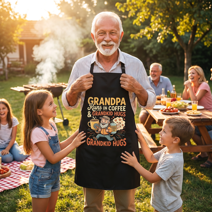 Grandpa Runs on Coffee and Grandkid Hugs Apron – Funny Grandpa BBQ & Cooking Apron Gift