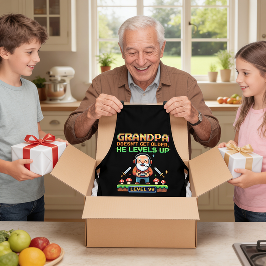 Grandpa Doesn't Get Older He Levels Up Apron - Funny Grandpa BBQ & Cooking Apron Gift