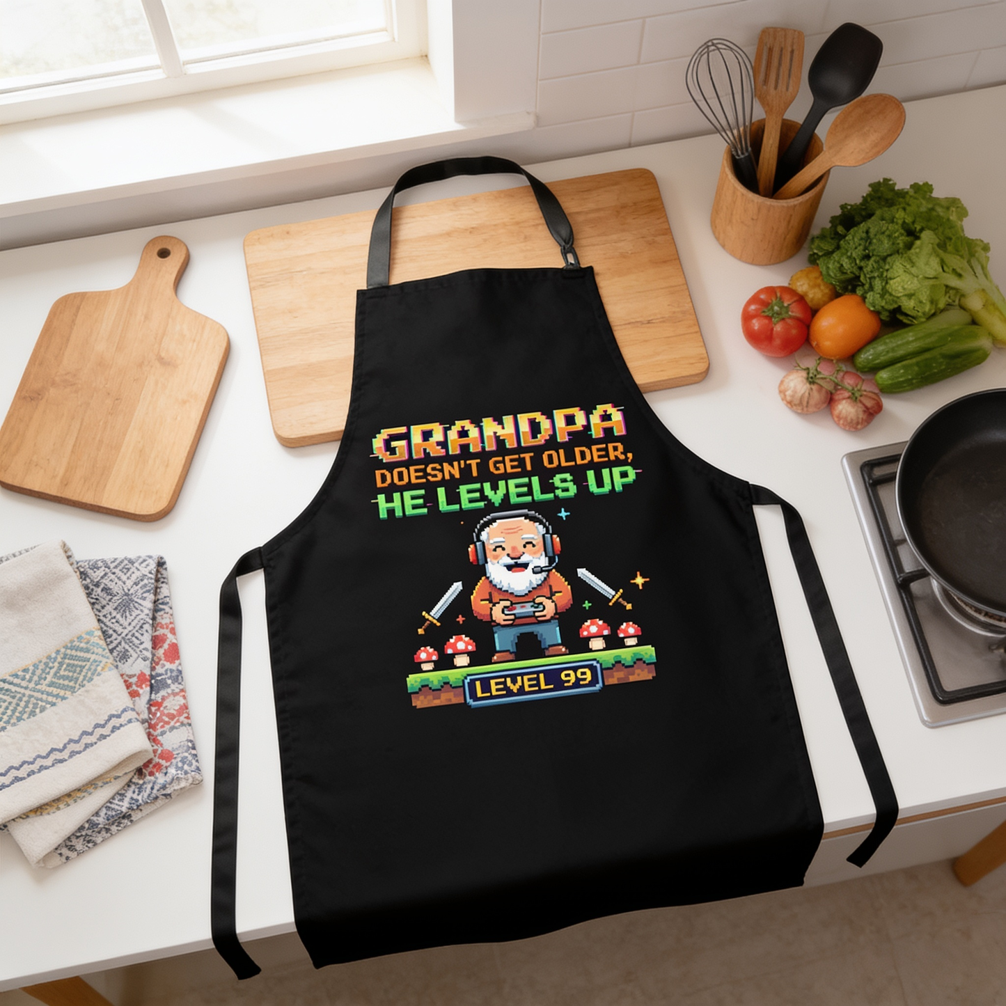 Grandpa Doesn't Get Older He Levels Up Apron – Funny Grandpa BBQ & Cooking Apron Gift