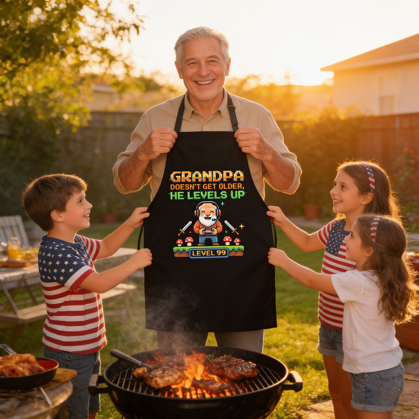 Grandpa Doesn't Get Older He Levels Up Apron – Funny Grandpa BBQ & Cooking Apron Gift