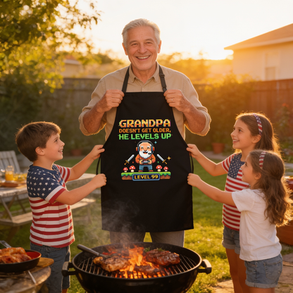 Grandpa Doesn't Get Older He Levels Up Apron – Funny Grandpa BBQ & Cooking Apron Gift