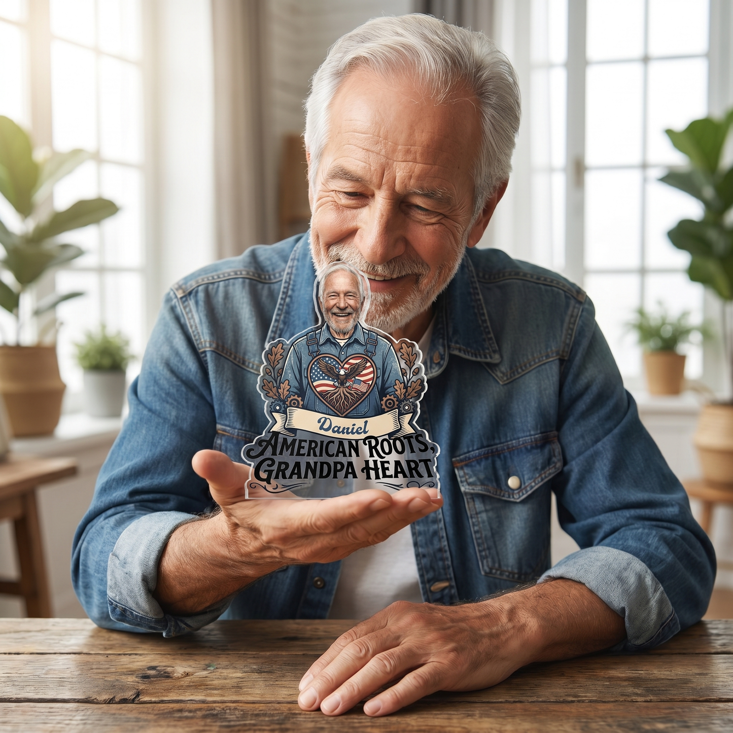 American Roots Grandpa Heart Acrylic Plaque – Personalized Photo Gift for Grandpa