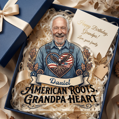 American Roots Grandpa Heart Acrylic Plaque – Personalized Photo Gift for Grandpa