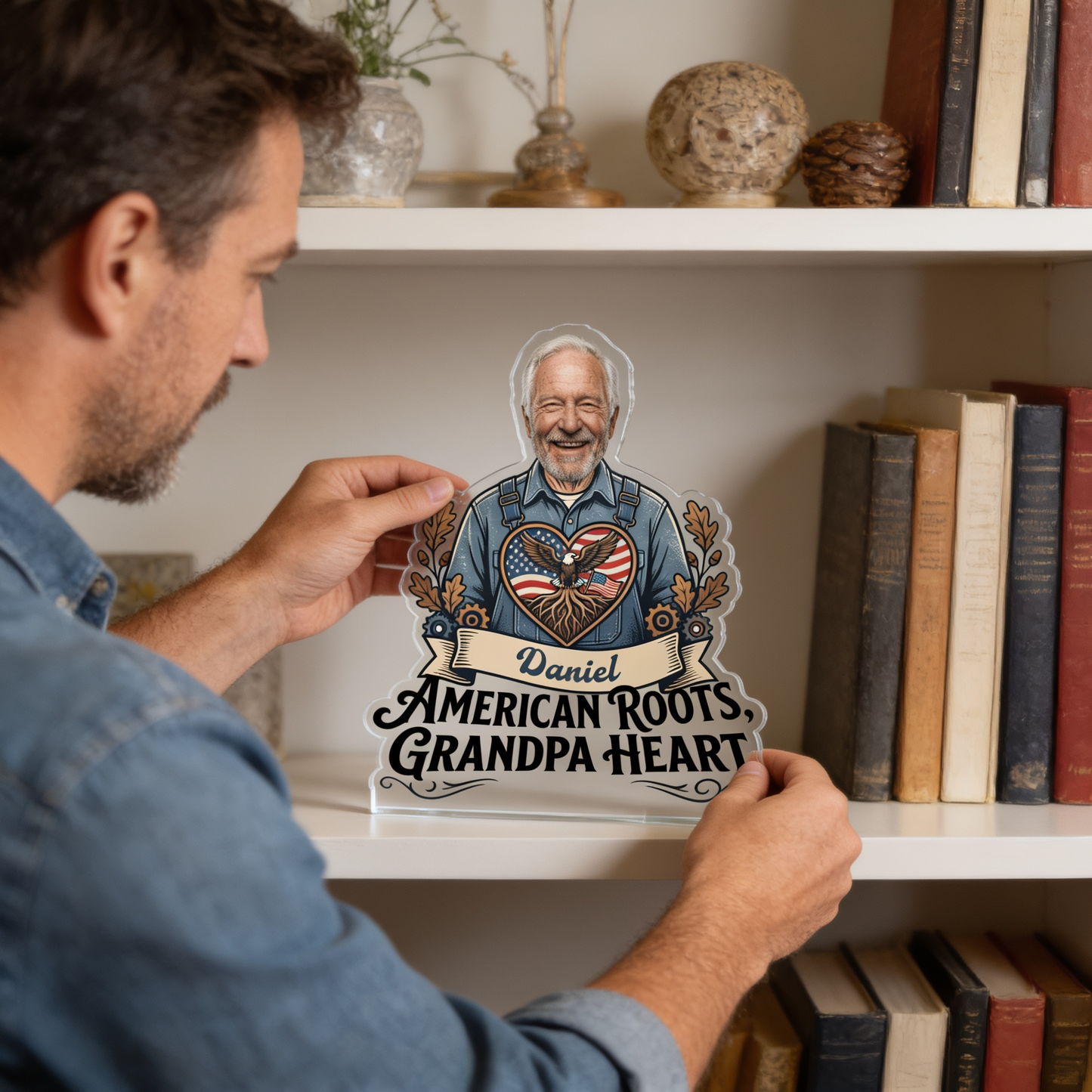 American Roots Grandpa Heart Acrylic Plaque – Personalized Photo Gift for Grandpa