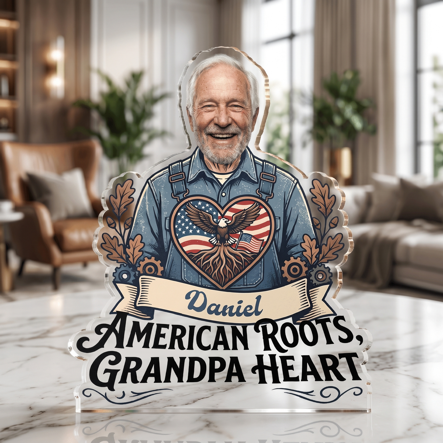 American Roots Grandpa Heart Acrylic Plaque – Personalized Photo Gift for Grandpa