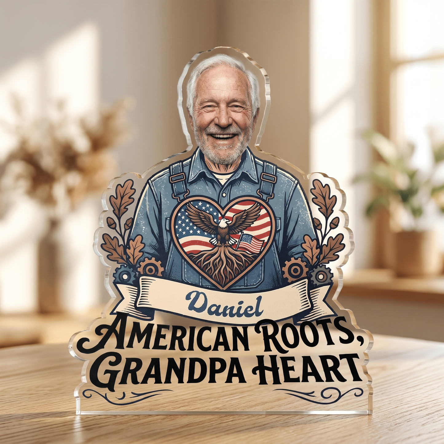 American Roots Grandpa Heart Acrylic Plaque – Personalized Photo Gift for Grandpa