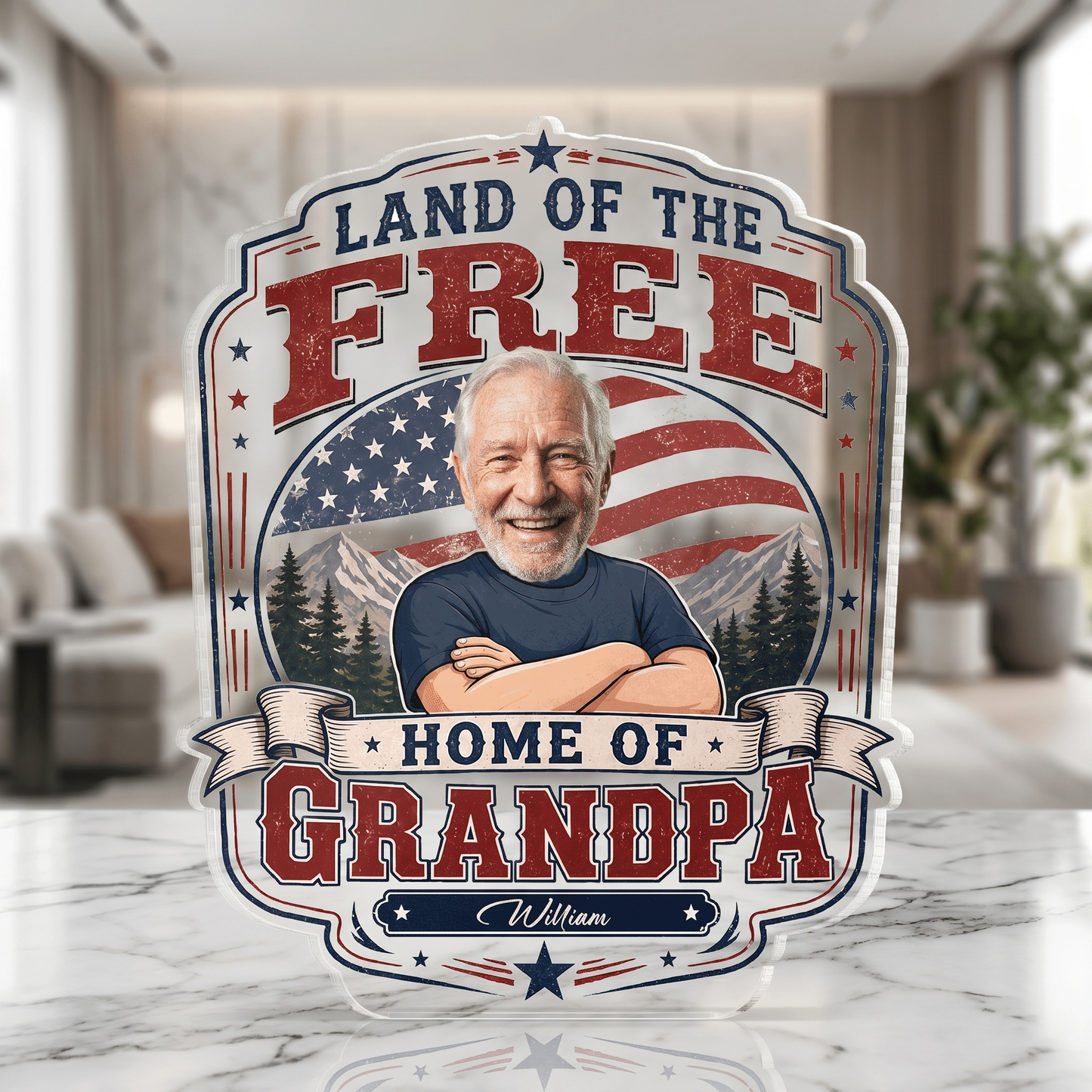 Land of the Free Home of Grandpa Acrylic Plaque – Personalized Photo Gift for Grandpa