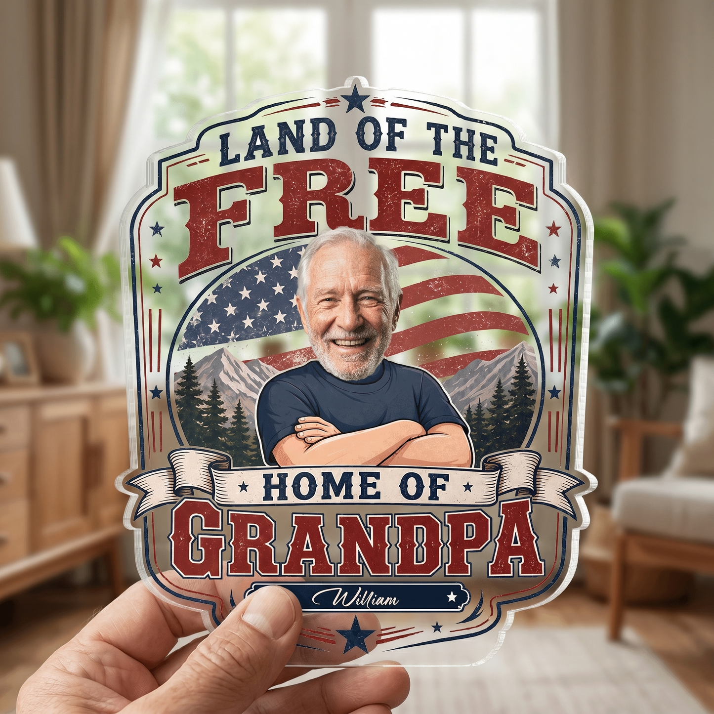 Land of the Free Home of Grandpa Acrylic Plaque – Personalized Photo Gift for Grandpa