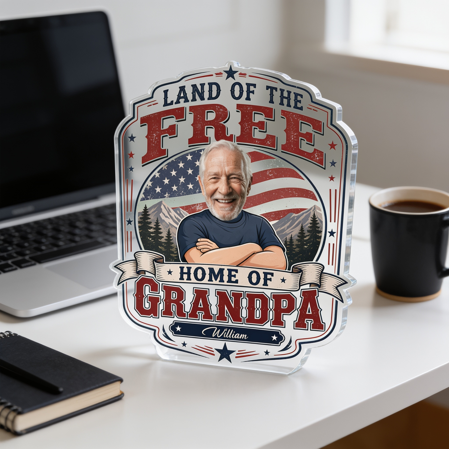 Land of the Free Home of Grandpa Acrylic Plaque – Personalized Photo Gift for Grandpa