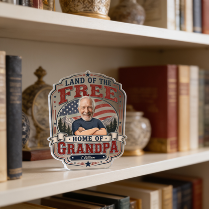 Land of the Free Home of Grandpa Acrylic Plaque – Personalized Photo Gift for Grandpa